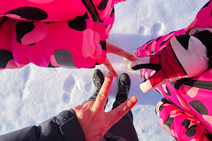 Friends in bright pink camo jackets standing in the snow, top view, winter outd, a Photo by AS photostudio