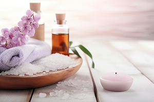Spa setting with sea salt, candle an, a Photo by Iftikhar Alam