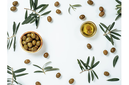 set of olives and olive oil on white, a Food & Drink Photo by Fascinadora