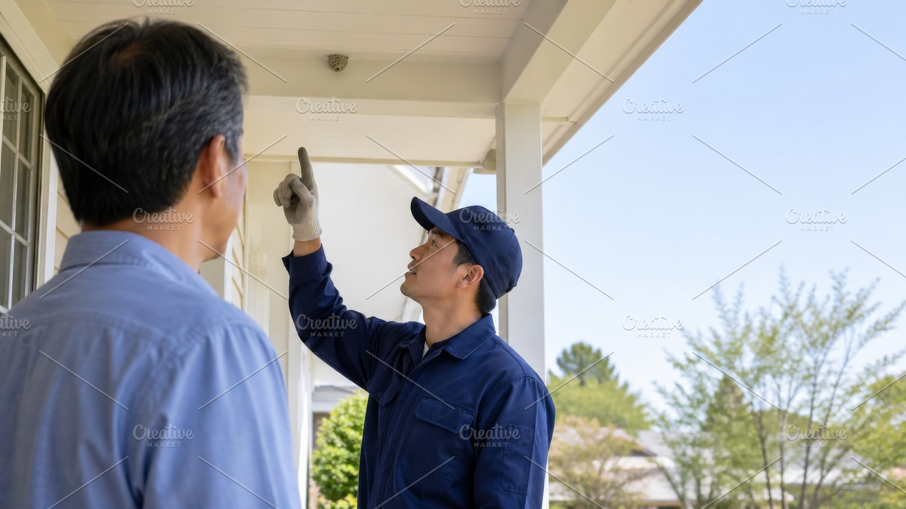 Pest control worker advising homeown, a Photo by Dvoevnore photos