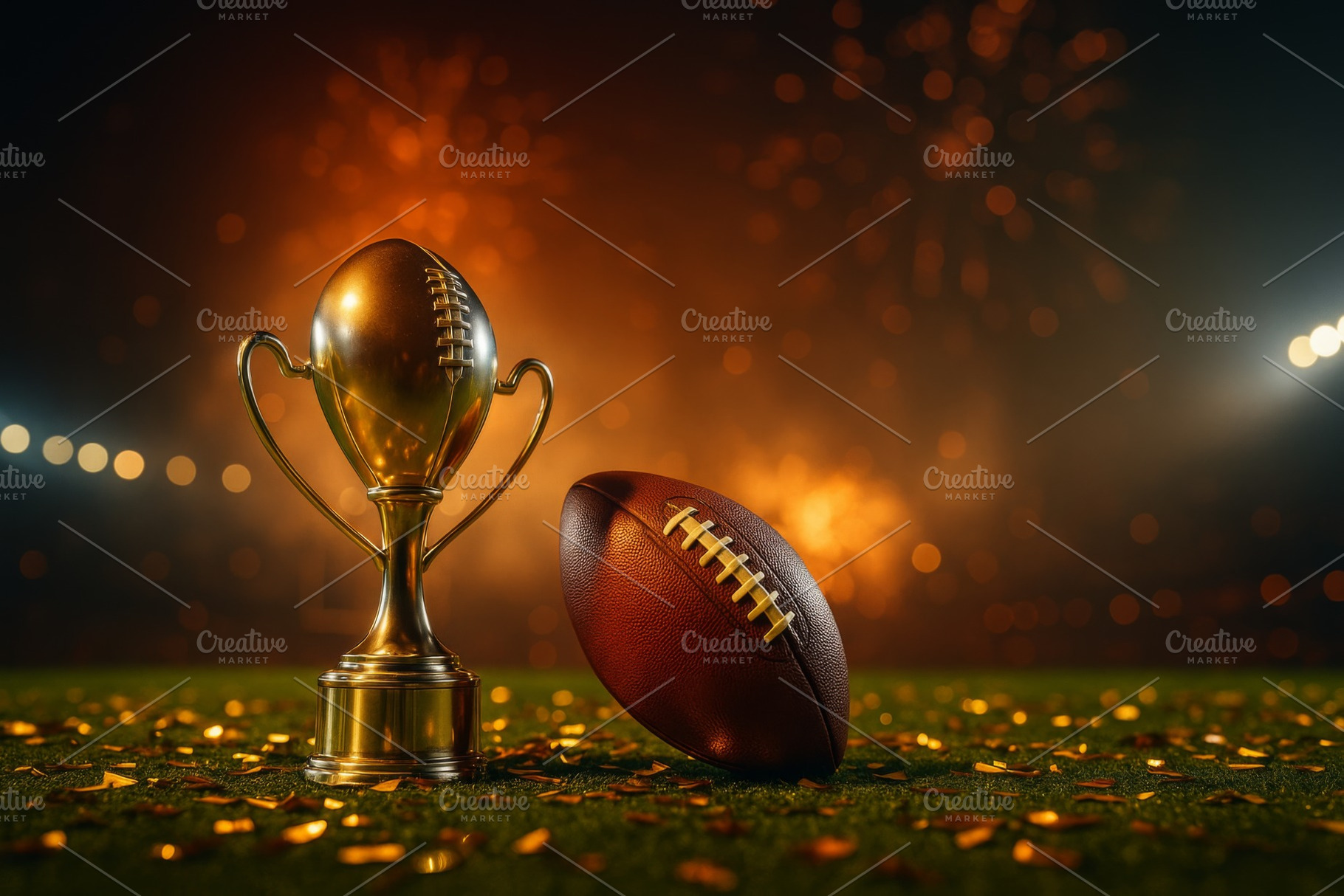 Super Bowl trophy and football on fi, a Photo by Dvoevnore photos