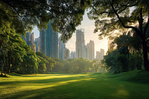 Green urban park with tall buildings, a Photo by Pavel_design