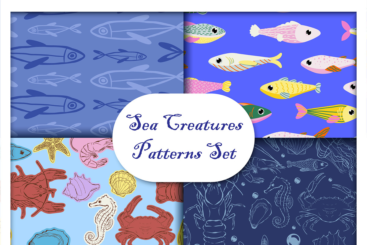 Sea creatures Seamless Patterns Set, an Animal Illustration by Eve of Art (Photo 1 of 5)