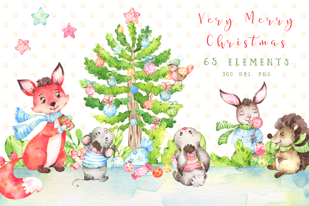 Very Merry Christmas Watercolor set, an Animal Illustration by Tatiana Troian (Photo 1 of 9)