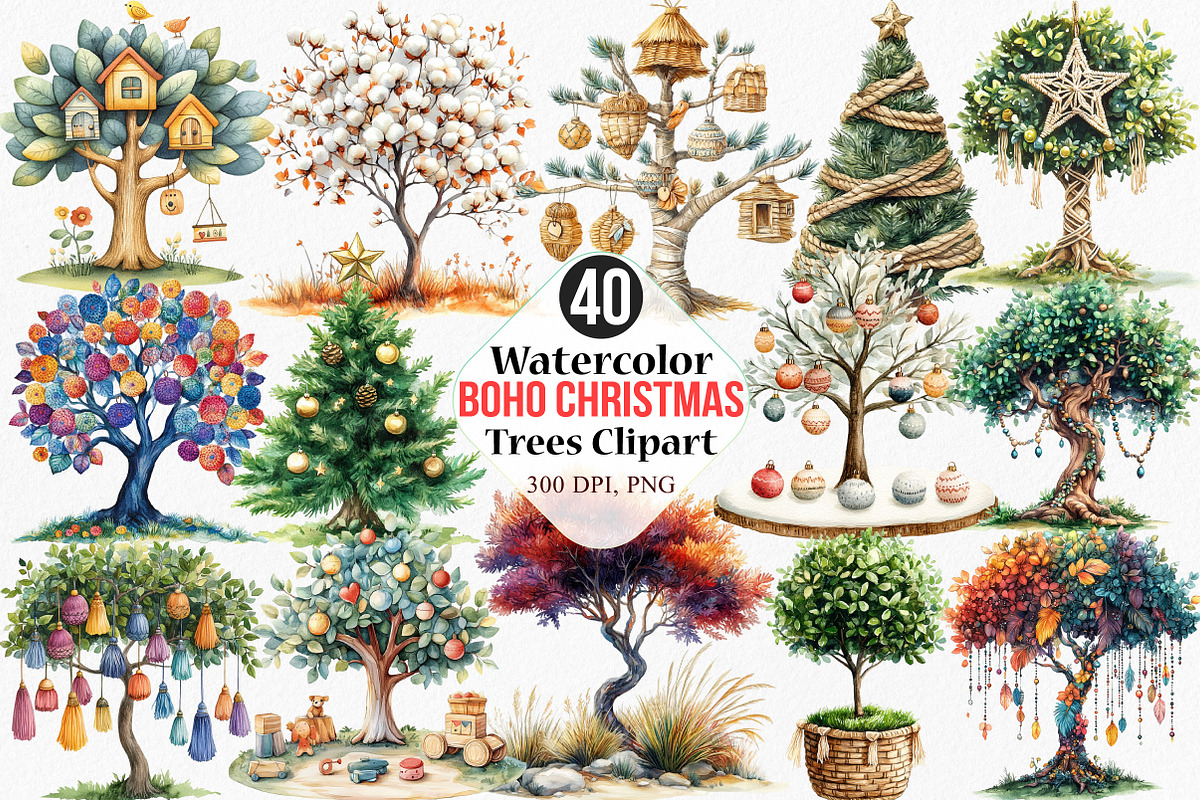 Boho Christmas Trees Clipart, an Illustration by Canvas Craft (Photo 1 of 8)