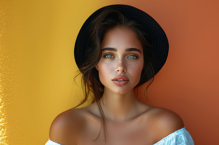 Stylish Woman in Black Hat With Sunlit Background, Modern Fashion Portrait, a Photo by AS photostudio