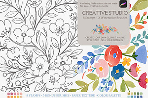 Procreate floral stamp & brush set, a Brush Add-On by Patishop Art