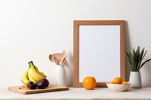 Blank print frame mockup with plants and decor on light backgrou, a Photo by Dvoevnore photos