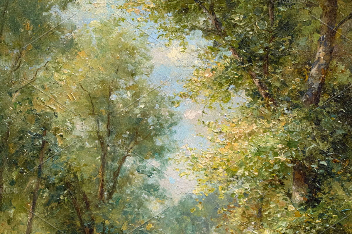 Forest path surrounded by summer green trees, sunbeams filtering, an Illustration by Studio ANNA