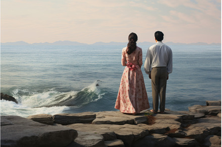 Contemplative Asian couple watch sea, a Person Photo by Ylivdesign