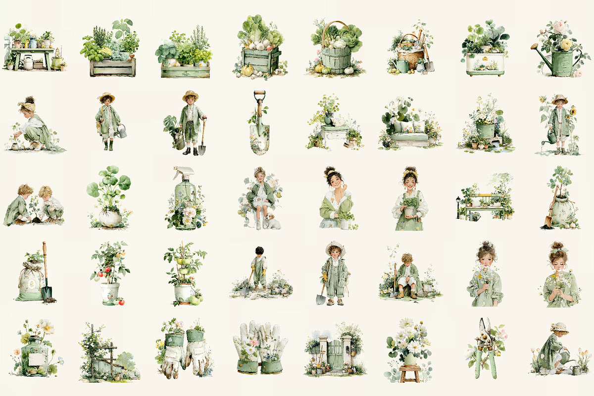 Watercolor Vintage Gardening Clipart, an Illustration by DreamCafeArt (Photo 2 of 6)