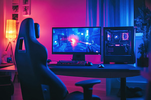 Sleek gaming setup with vibrant neon, a Photo by Iftikhar Alam