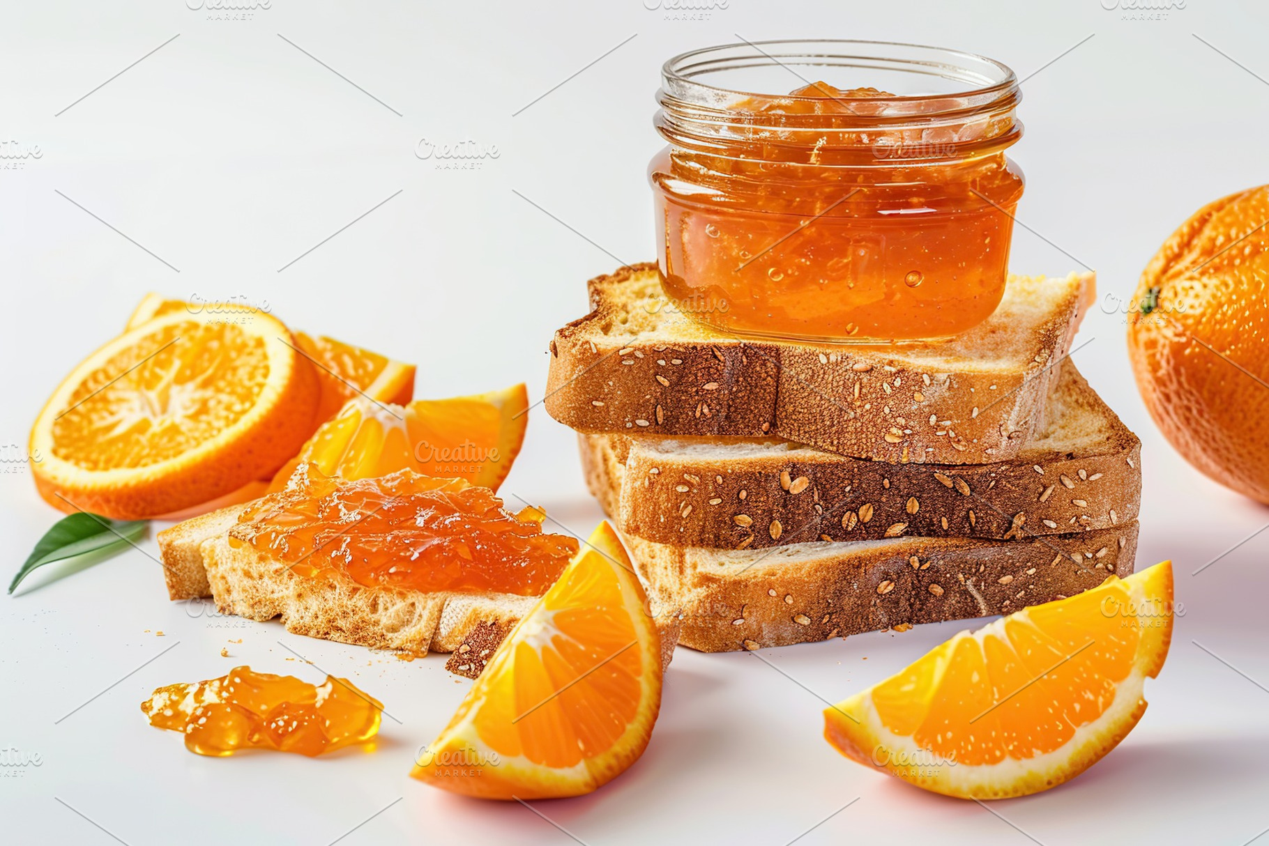 Toast breads with sweet orange jam on white background, a Food & Drink Photo by AlyaAnd