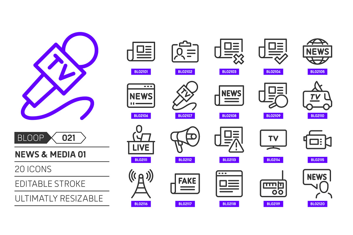 News and media 01, bloop icons, an Outline Icon by Howcolour