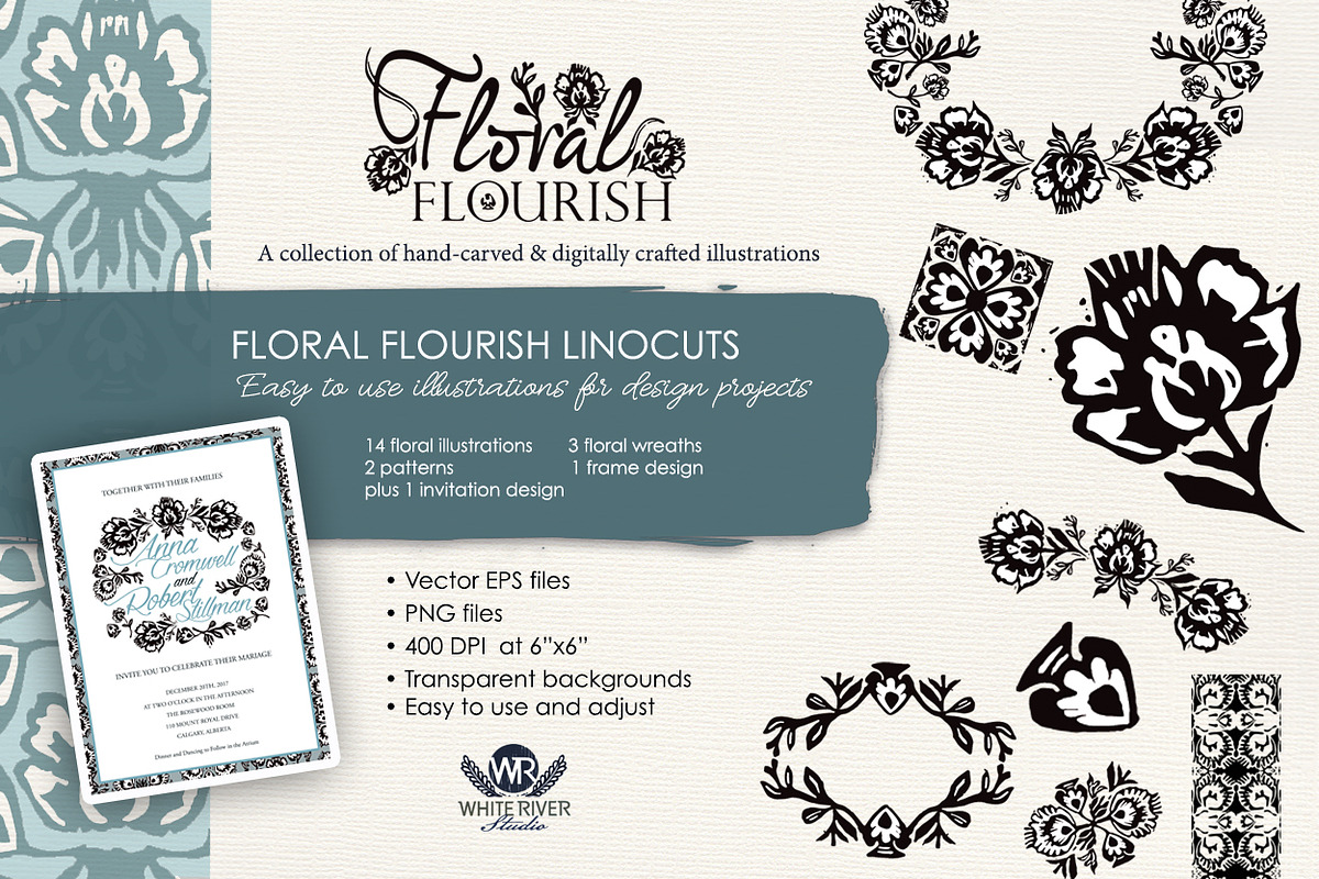 Floral Flourish Linocuts, an Illustration by WhiteRiverStudio (Photo 3 of 10)