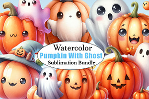 Watercolor Cute Pumpkin With Ghost