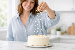 Woman decorating cake with colorful, a Photo by Dvoevnore photos