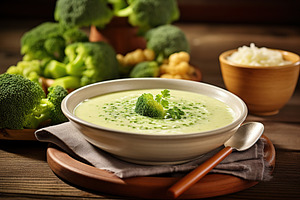 Green broccoli cream soup in plate, a Food & Drink Photo by AlyaAnd