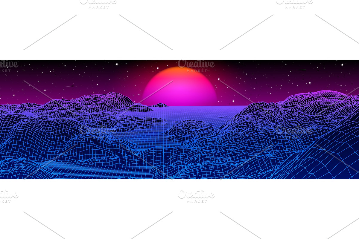 Neon grid landscape and sun with 80s, a Technology Illustration by Swillklitch