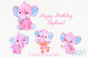 Birthday Elephants PNG Watercolor