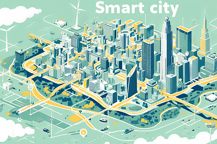 Hand drawn illustration of a futuristic smart city landscape, an Illustration by AS photostudio
