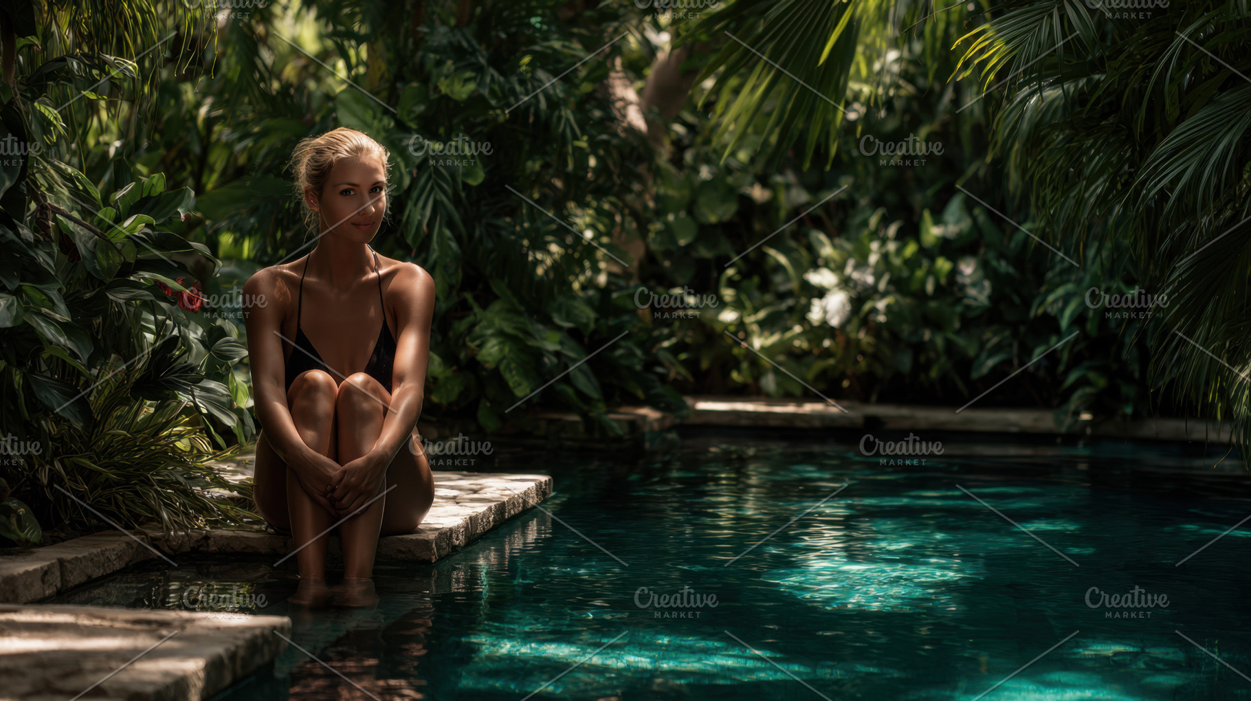 Woman sitting by a pool in nature, a Photo by Beautiful things