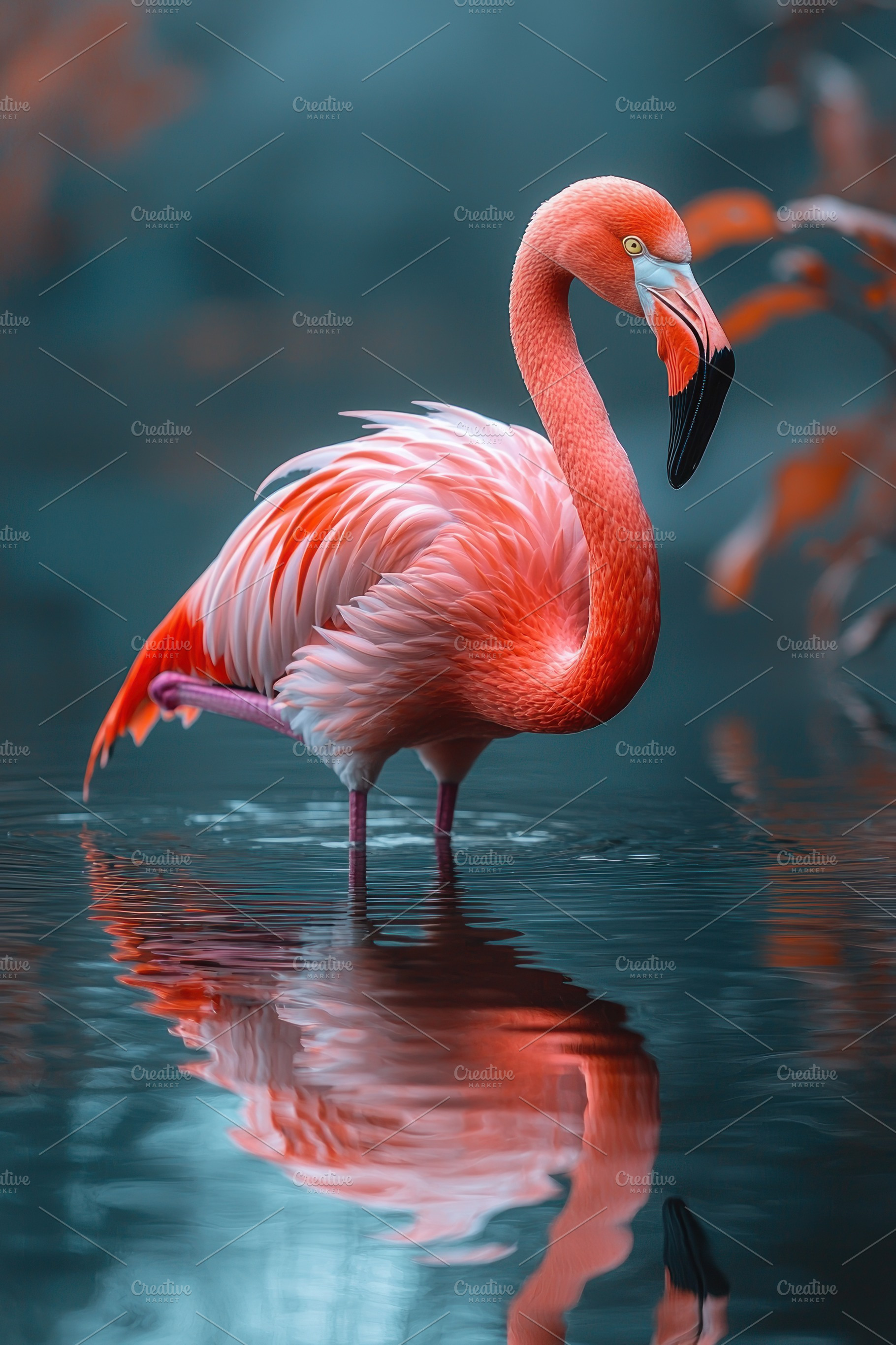 Striking pink flamingo standing on one leg in calm reflective wa, an Animal Photo by José Manuel Gelpi