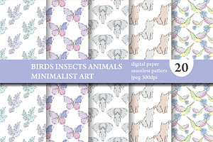 20 Animal Birds Insects Patterns Set