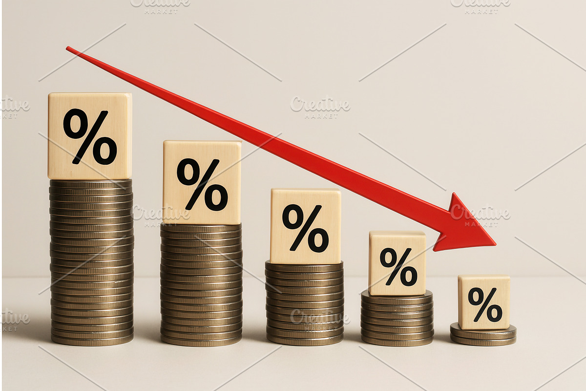 Stacks of coins with percentage, a Finance Illustration by Sergey Kotenev