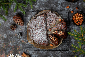 Panforte italian christmas cake containing almond, appetizing, and background