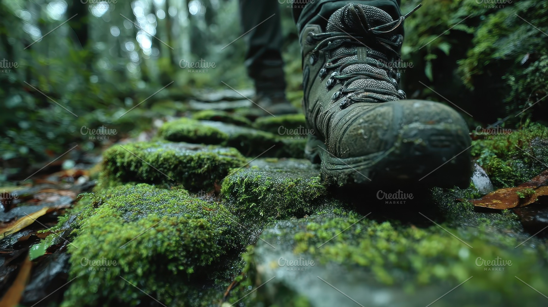 Hiking Boots on Mossy Stones Forest, a Photo by Pixeness Studio