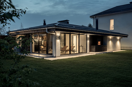 Modern estate with house and spa stock photo containing exterior and modern