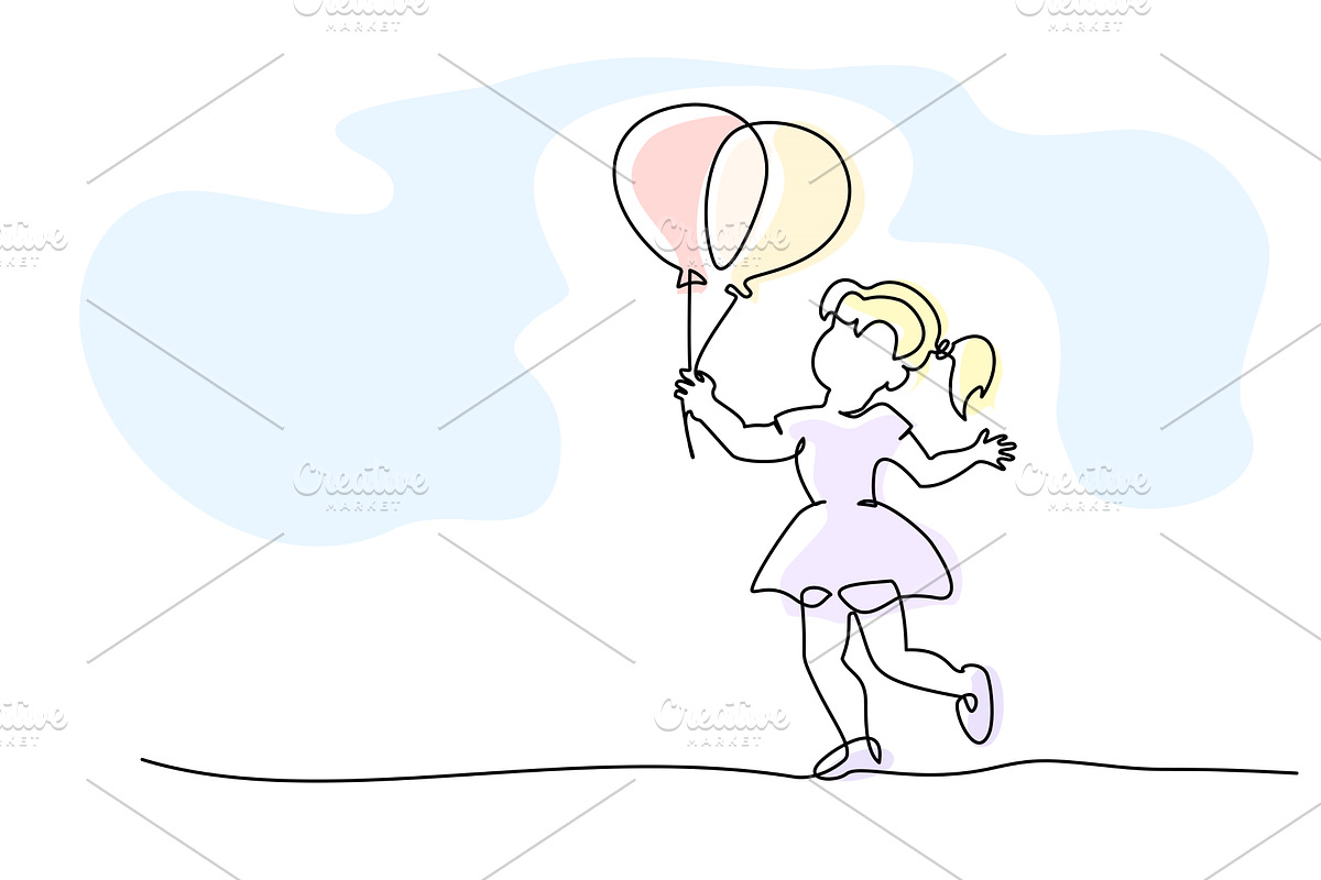 Girl with the balloons, birthday, an Education Illustration by Valenty