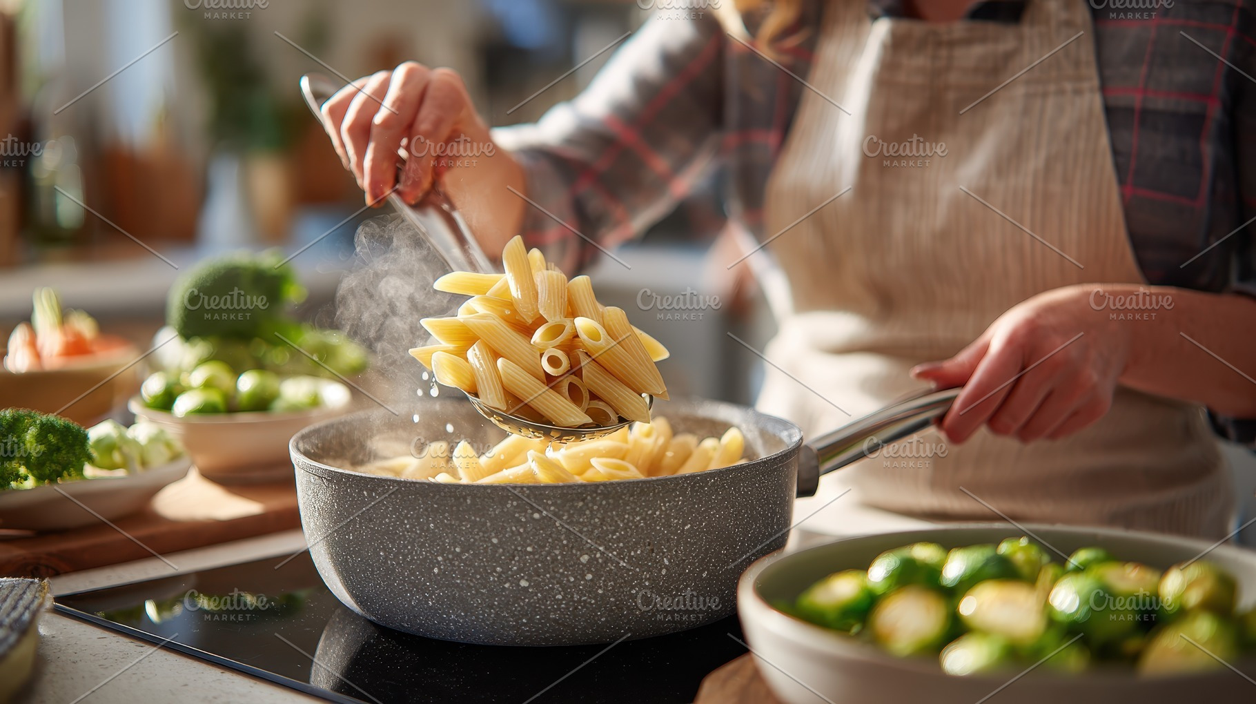 Woman cooking pasta in kitchen healt, a Photo by Pixeness Studio