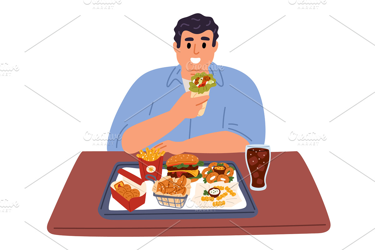 Fat man with tray full of junk fast, a Food Illustration by Vectorbuum