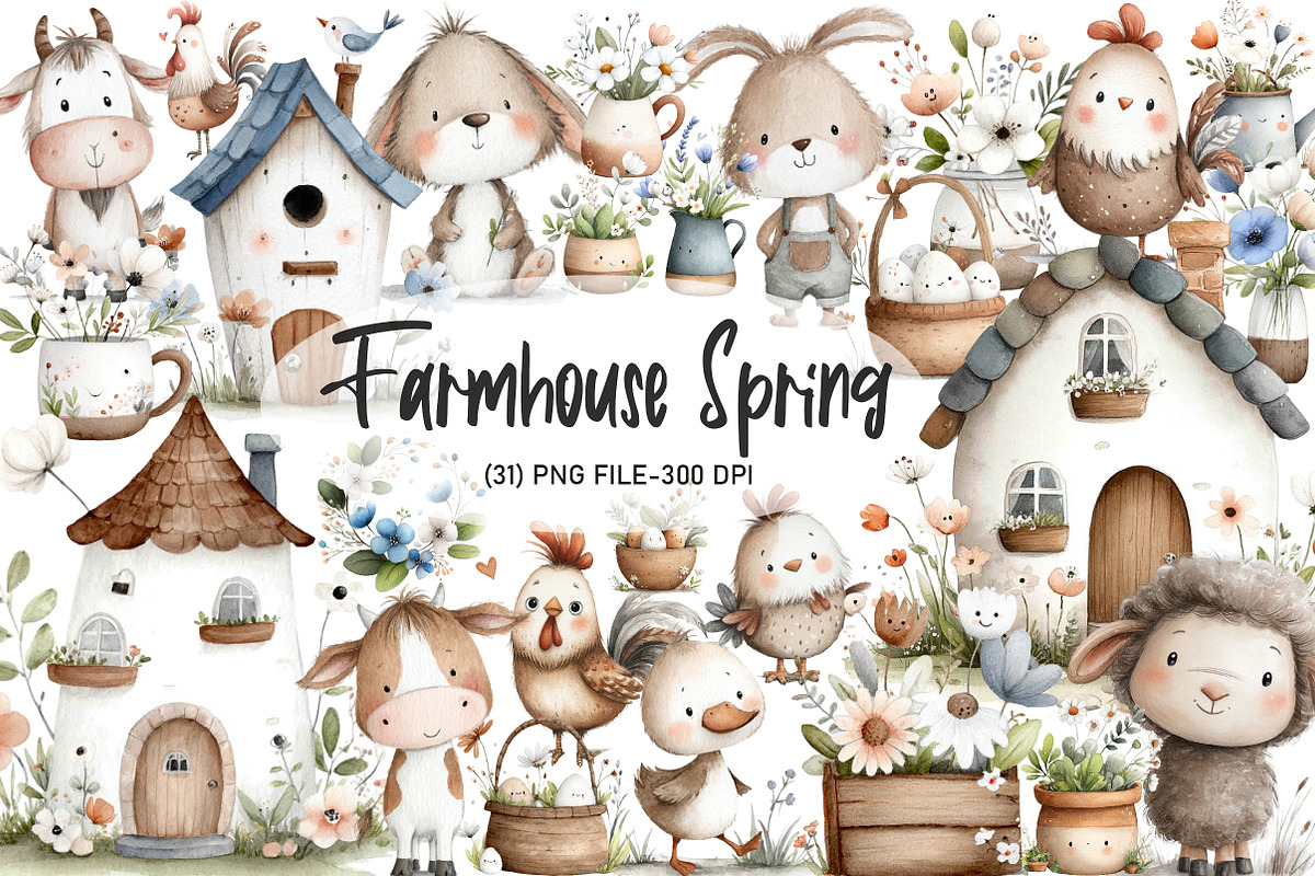 Farmhouse Spring Clipart Bundle, an Illustration by Designworld (Photo 1 of 5)