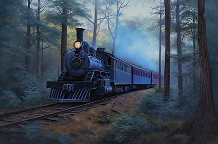 Beautiful and elegant vintage train traveling through a forest in purple and br, a Wallpaper Photo by José Manuel Gelpi