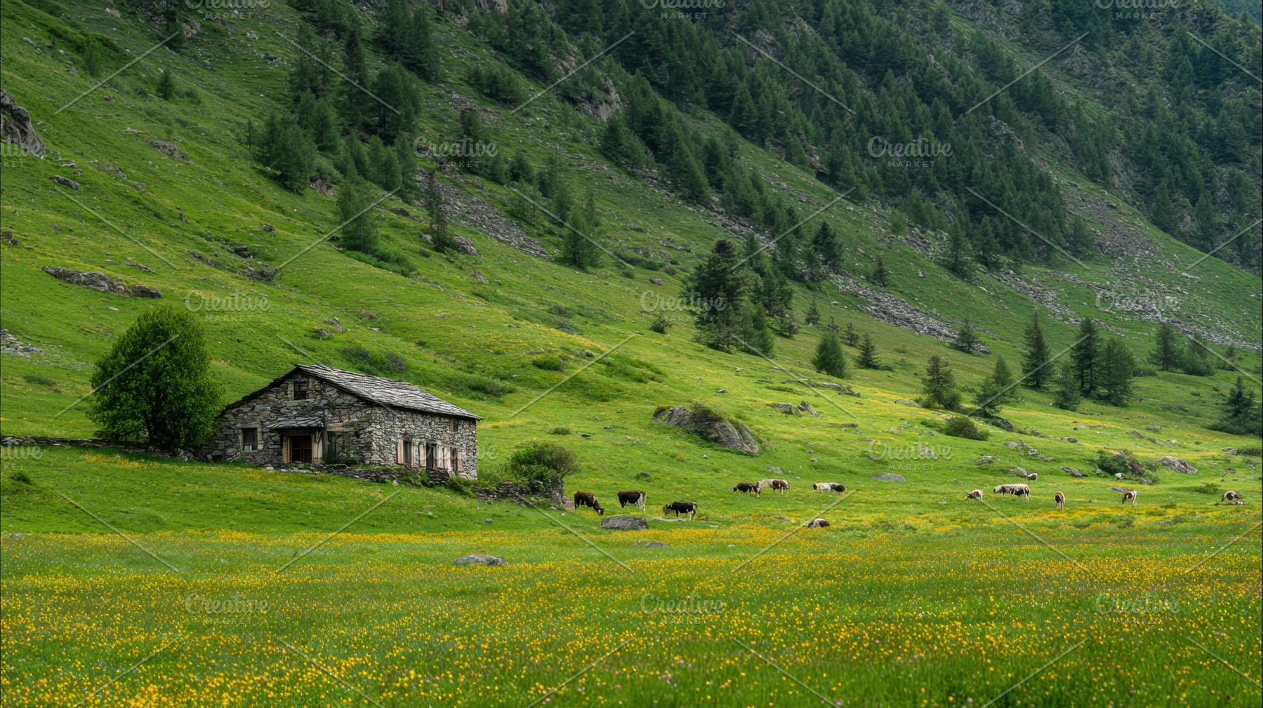 Cows by a stone house in a valley, a Photo by Beautiful things
