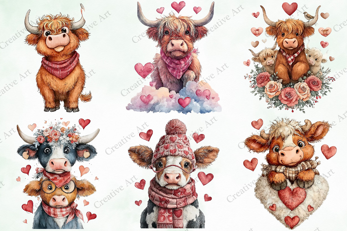 Valentine Highland Cow Clipart, an Illustration by Creative Art (Photo 5 of 9)
