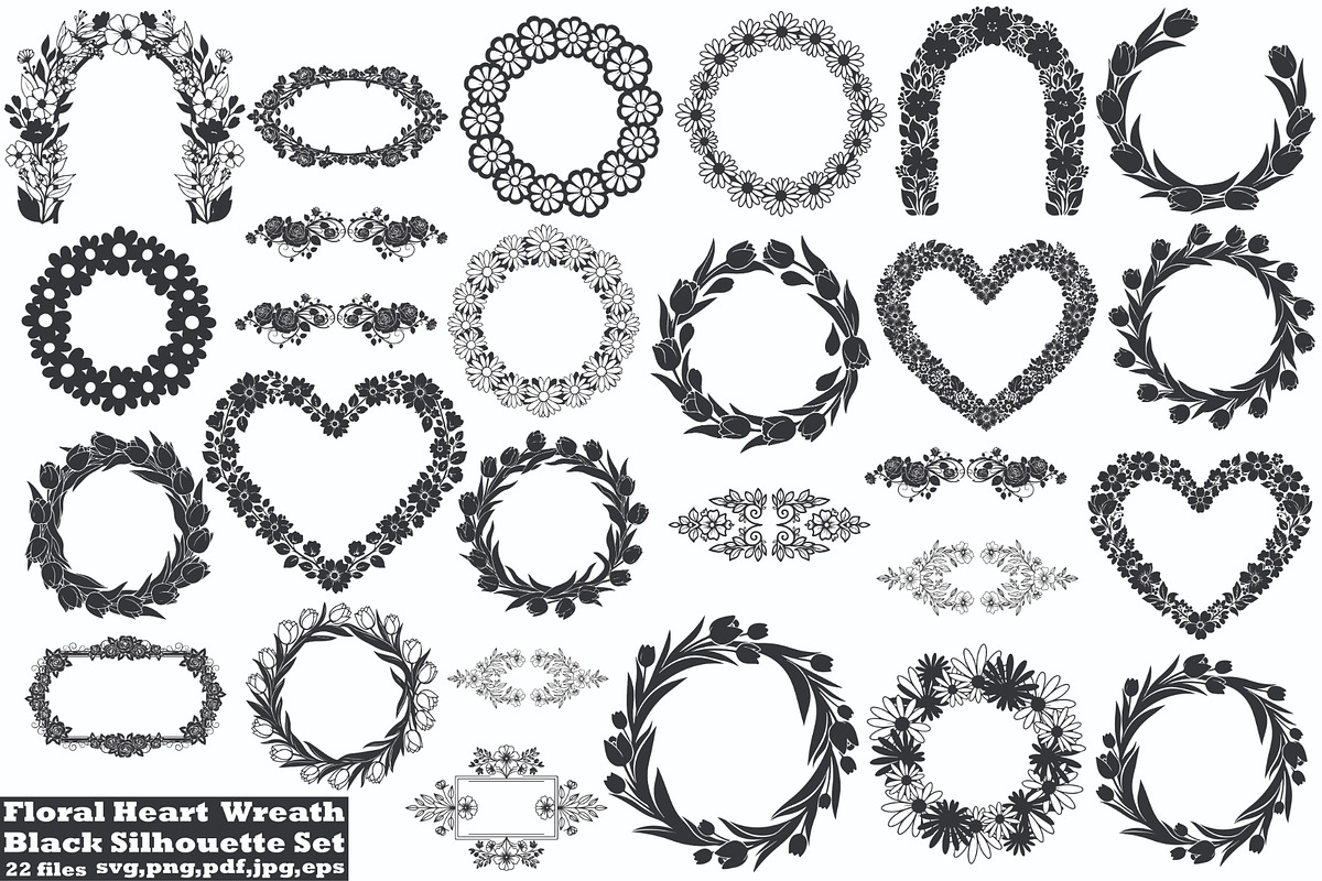 Floral Heart Circle WreathBlack Set, a Seasonal Illustration by Designer_Momina (Photo 1 of 18)