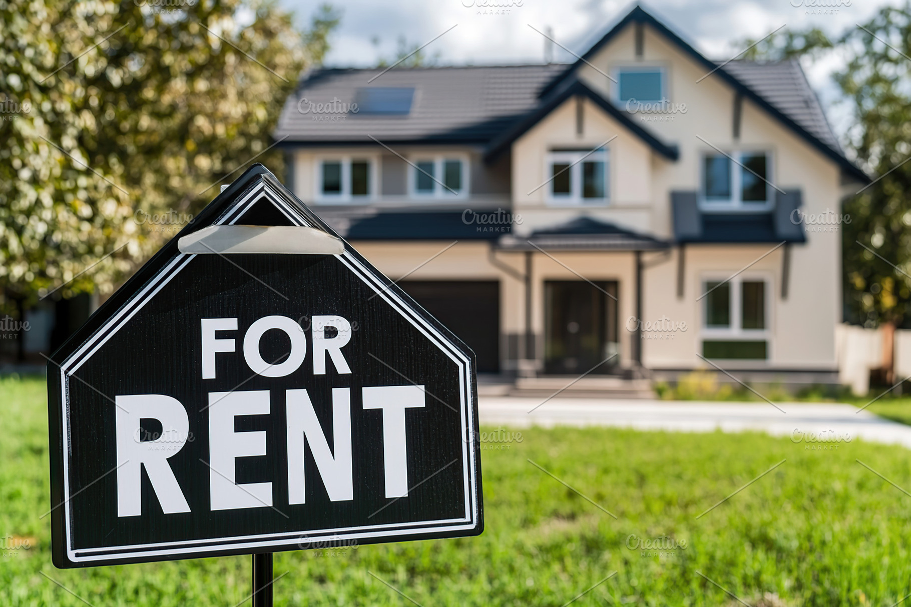 Housing opportunity with a for rent sign in the yard of a suburban home, an Architecture Photo by AlyaAnd