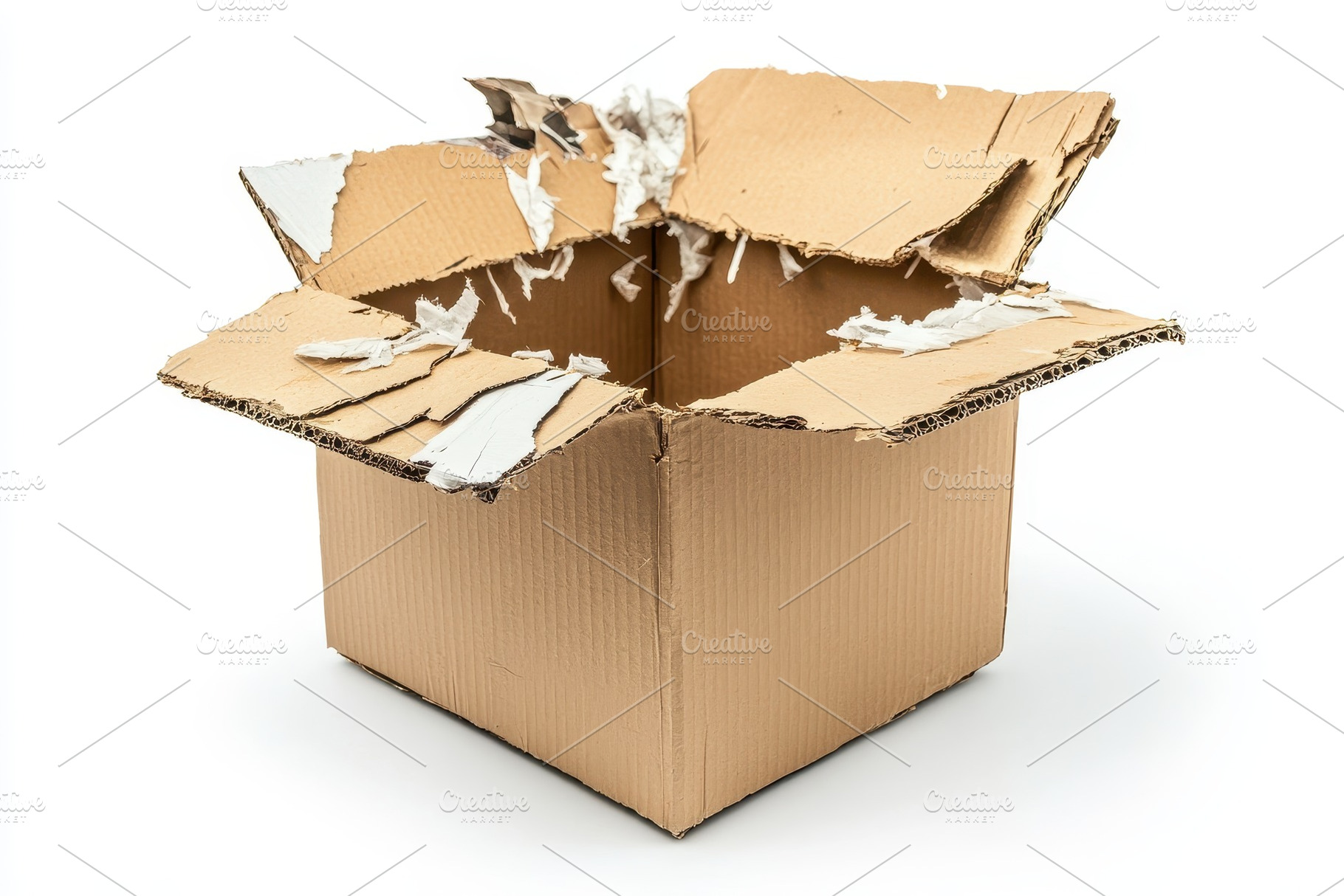 Damaged cardboard box with torn flap, a Photo by Pavel_design