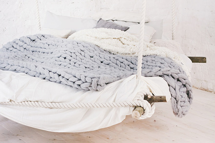 Bed, Scandinavian style, gray plaid.
