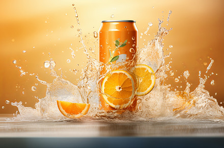 Liquid orange fizzy packaging can mo, a Food & Drink Photo by Pixeness