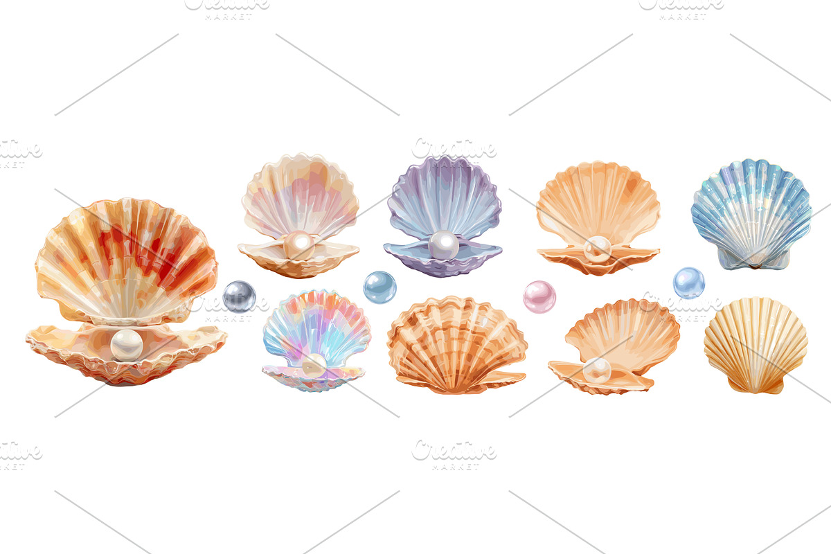 Shells cartoon set. pink blue beige, an Animal Illustration by Stock-Smart-Start
