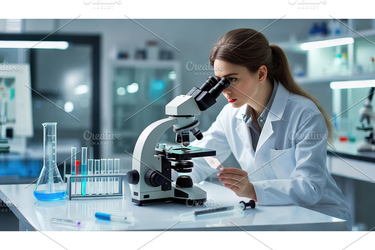 Female scientist examining samples, an Illustration by tilialucida
