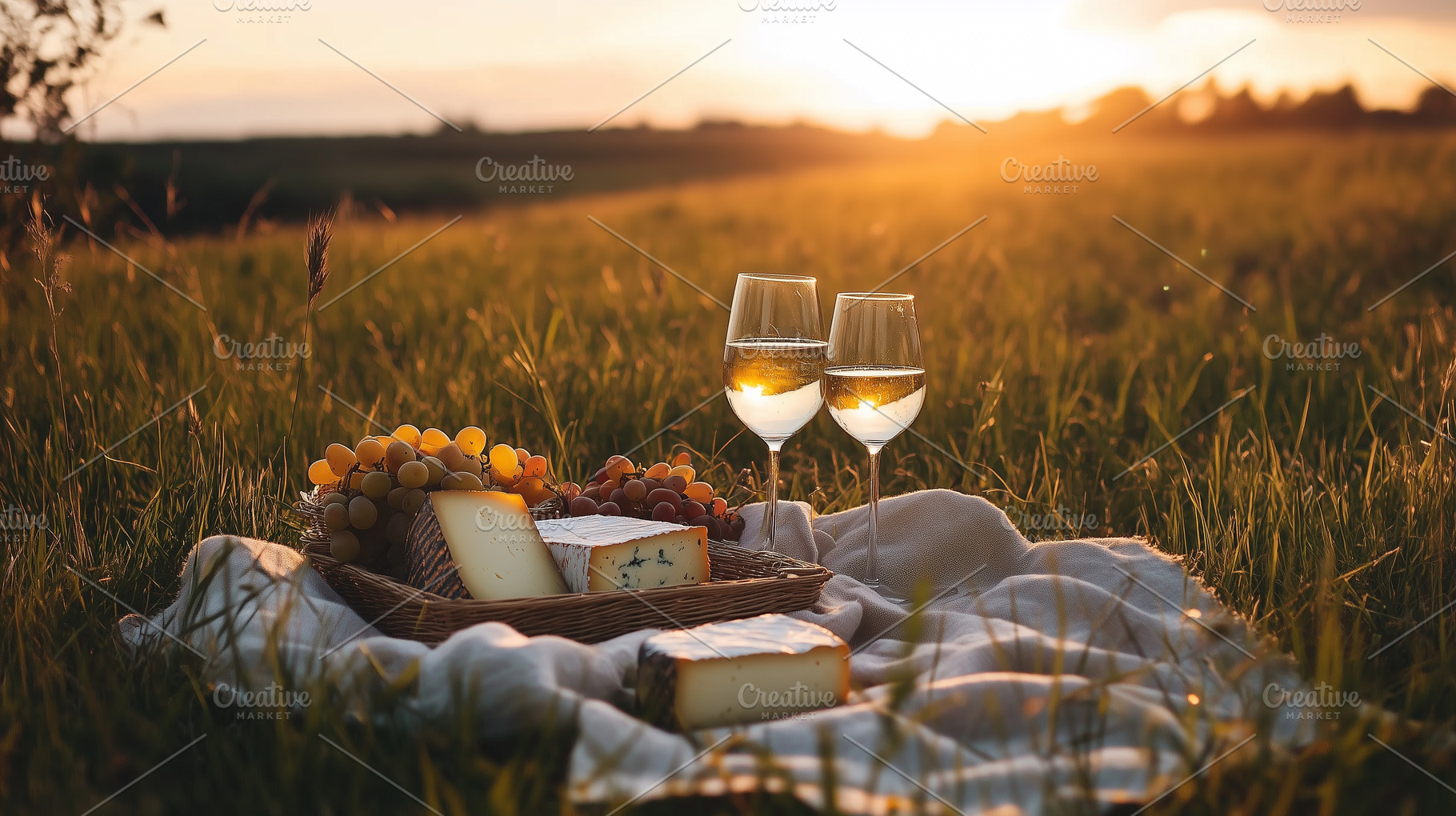 Romantic sunset picnic in a field, a Food & Drink Photo by MistyDay