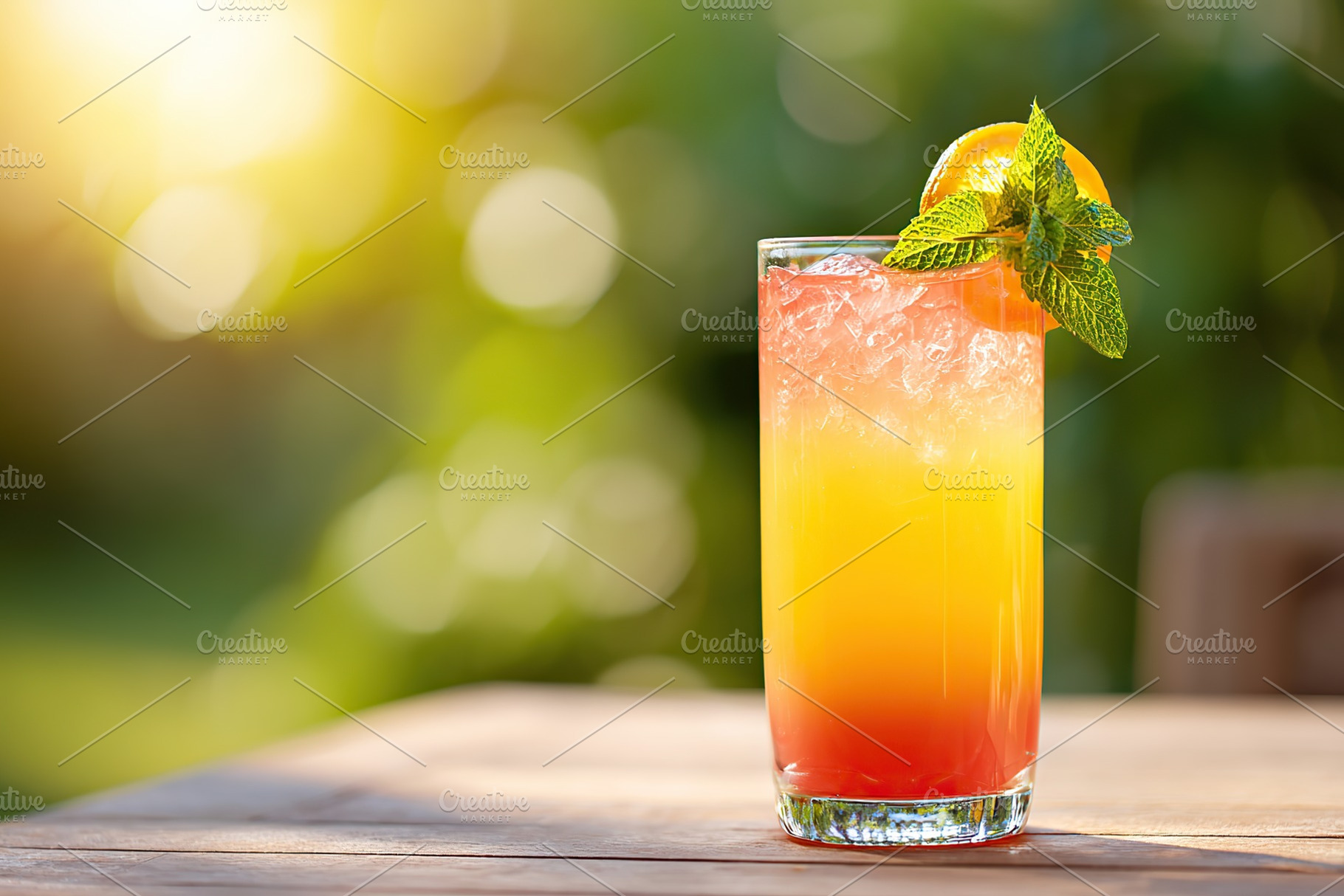 Bright summer cocktail served on a wooden table in a sunny garden setting, a Food & Drink Photo by AlyaAnd