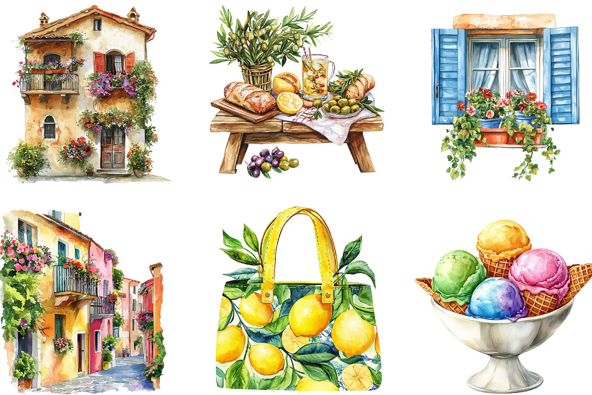 Watercolor Italy Summer Clipart, an Illustration by Designking (Photo 5 of 5)