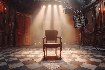 Dramatic Film Set with Director's Chair and Clapperboard Under Spotlight, a Photo by AS photostudio